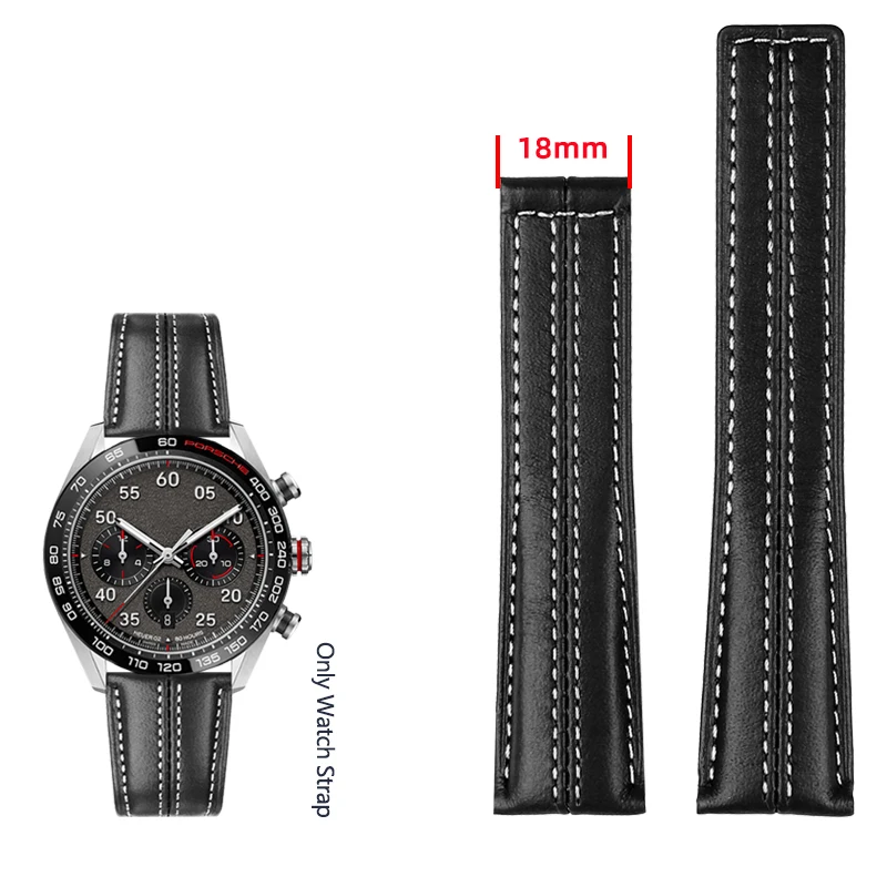High-Quality Black 22mm Genuine Leather Bracelet Watch Strap