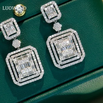 LUOWEND 18K White Gold Earrings Luxury Design Real Natural Diamond Drop Earrings Shiny 5.0ct Necklace High Women's Jewelry