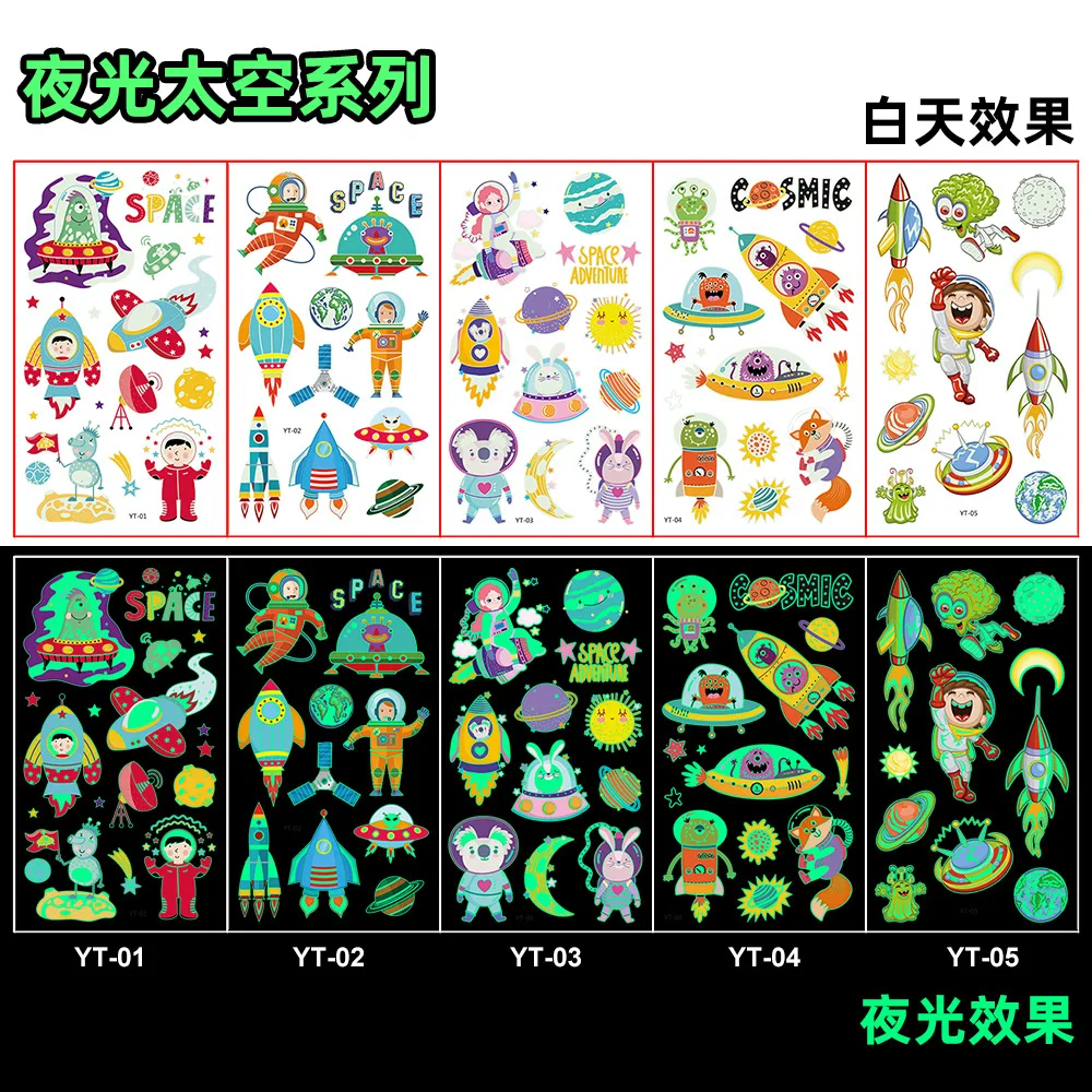 Luminous Tattoo Stickers Temporary Colorful Animal Mermaid Dinosaur Unicorn Space Cute Tattoo Stickers Children's Body 5pcs/Set 5