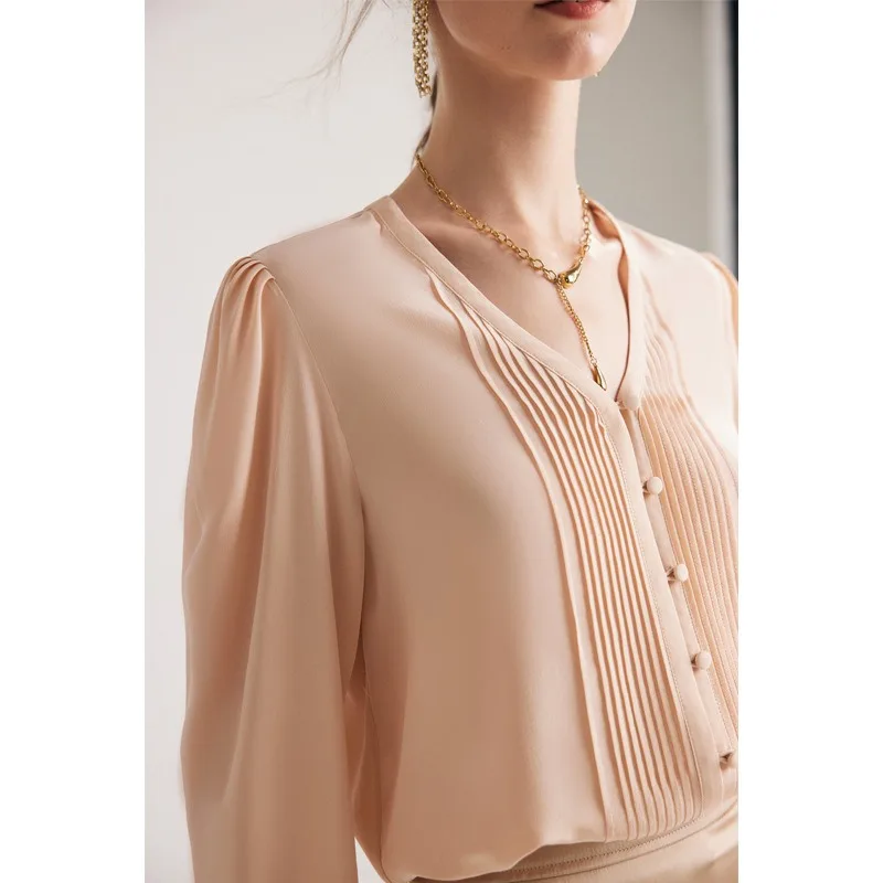 

Women's Blouses Tops Silk Floral Office Formal Casual Dress Shirts Plus Large Size Spring Summer Sexy Haut Femme Pleated Crepe