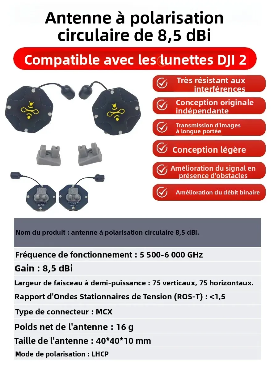 Antenne directionnelle FPV 5.8G 8.5dBi LHCP haute gain installée sur un drone, prête pour le vol longue portée.