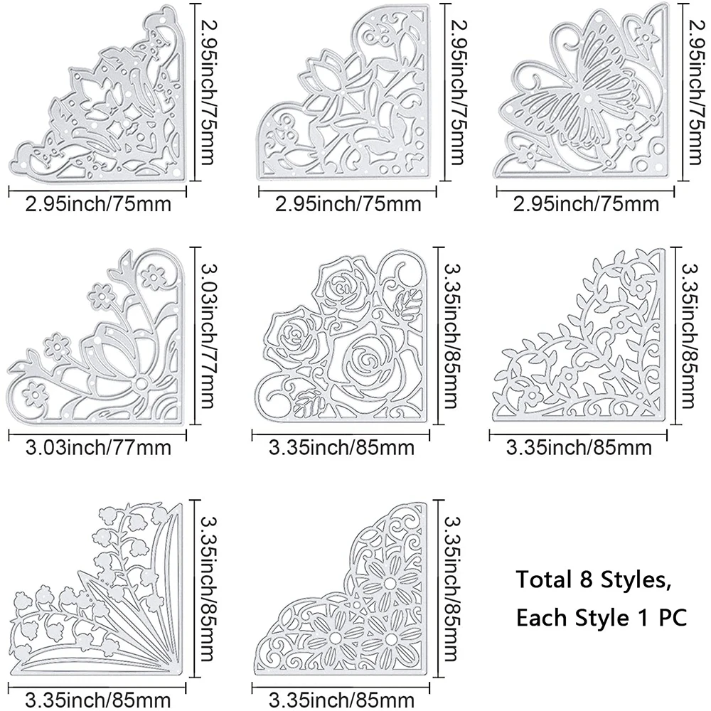8pcs Flower Butterfly Metal Corner Cutting Dies Stencils for DIY Scrapbook Birthday Cards Wedding Invitation Making Album Decor