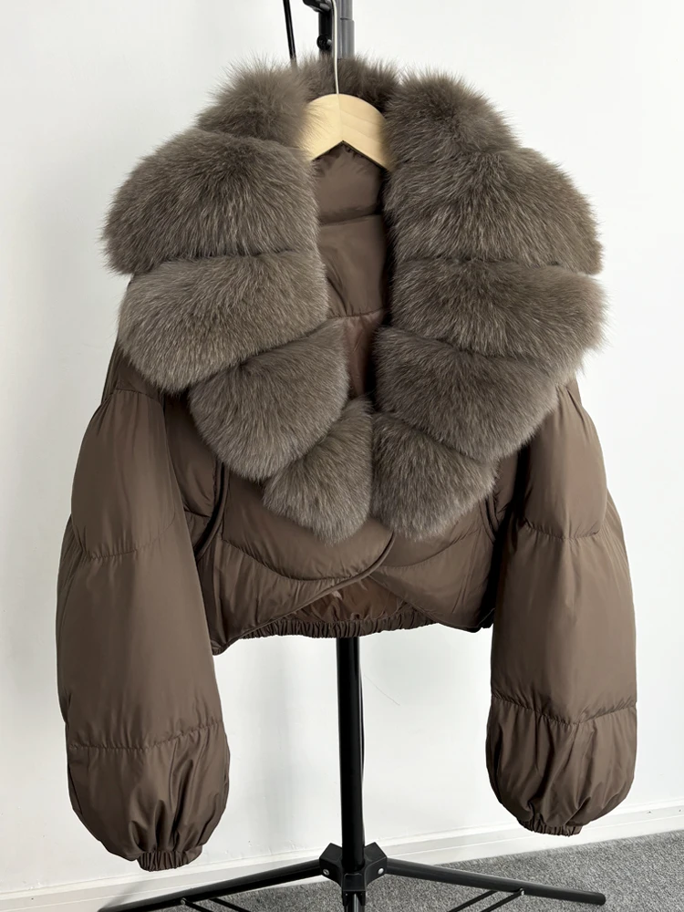 Janveny Real Fur Coat Women Luxury 2024 Winter 90% White Duck Down Jacket Super Big Natural Fox Fur Collar Female Puffer Parkas 5