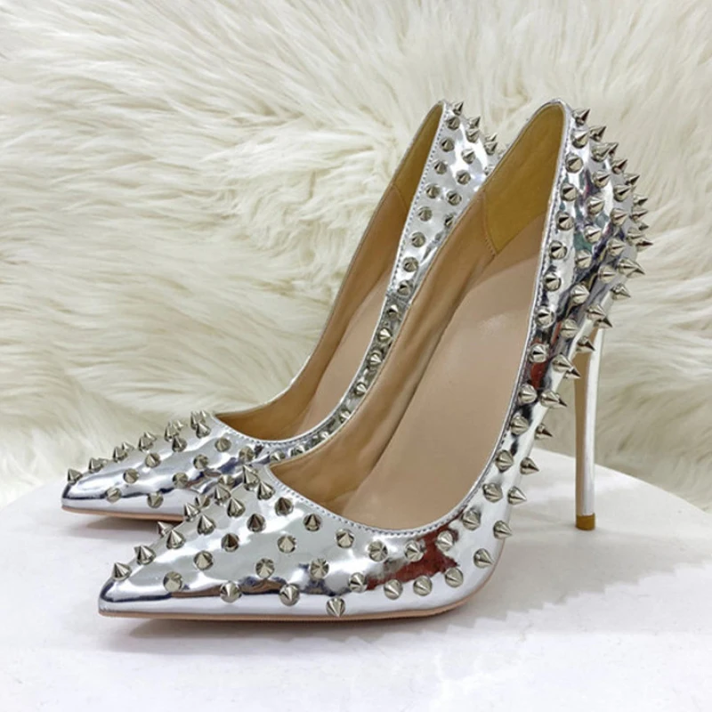 

Silver Rivets Pumps Women Sexy Punk Spikes 12cm High Heels Italian style Ladies Pointed Toe Stilettos Party Shoes MD047 ROVICIYA
