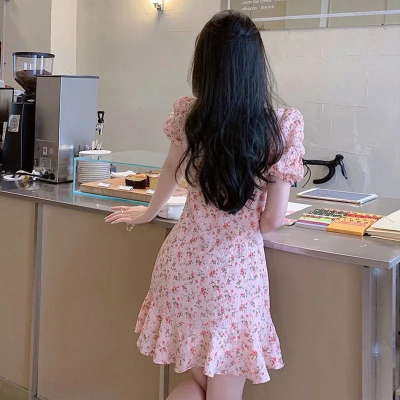 Sweet Pink Flowers Mini Dress Summer Vintage Shirring Female Clothing Elegant V-Neck Drawstring A-Line Waist Dresses
