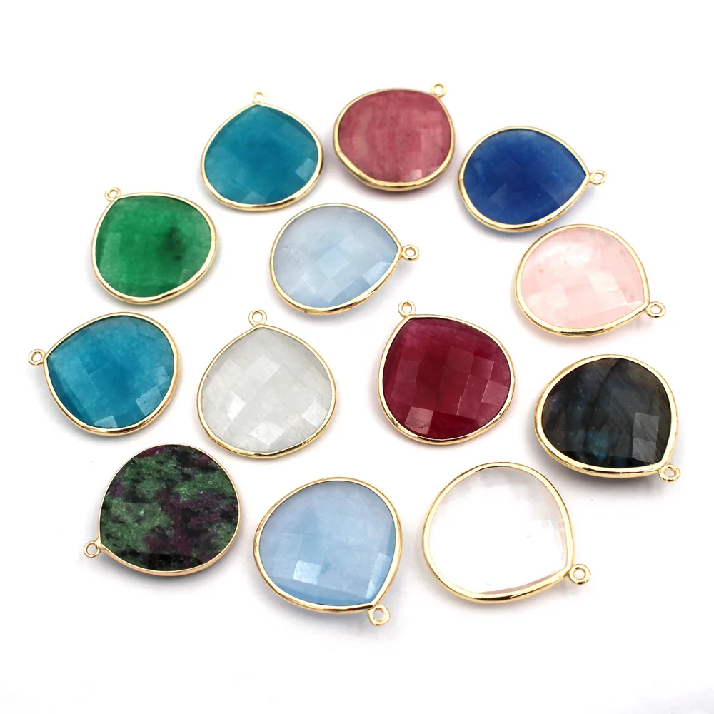 

6pcs Gold Plated Faceted Drop Stone Pendants Natural Labradorite White Rose Quartz Blue Green Jade Stone Charms For DIY Jewelry