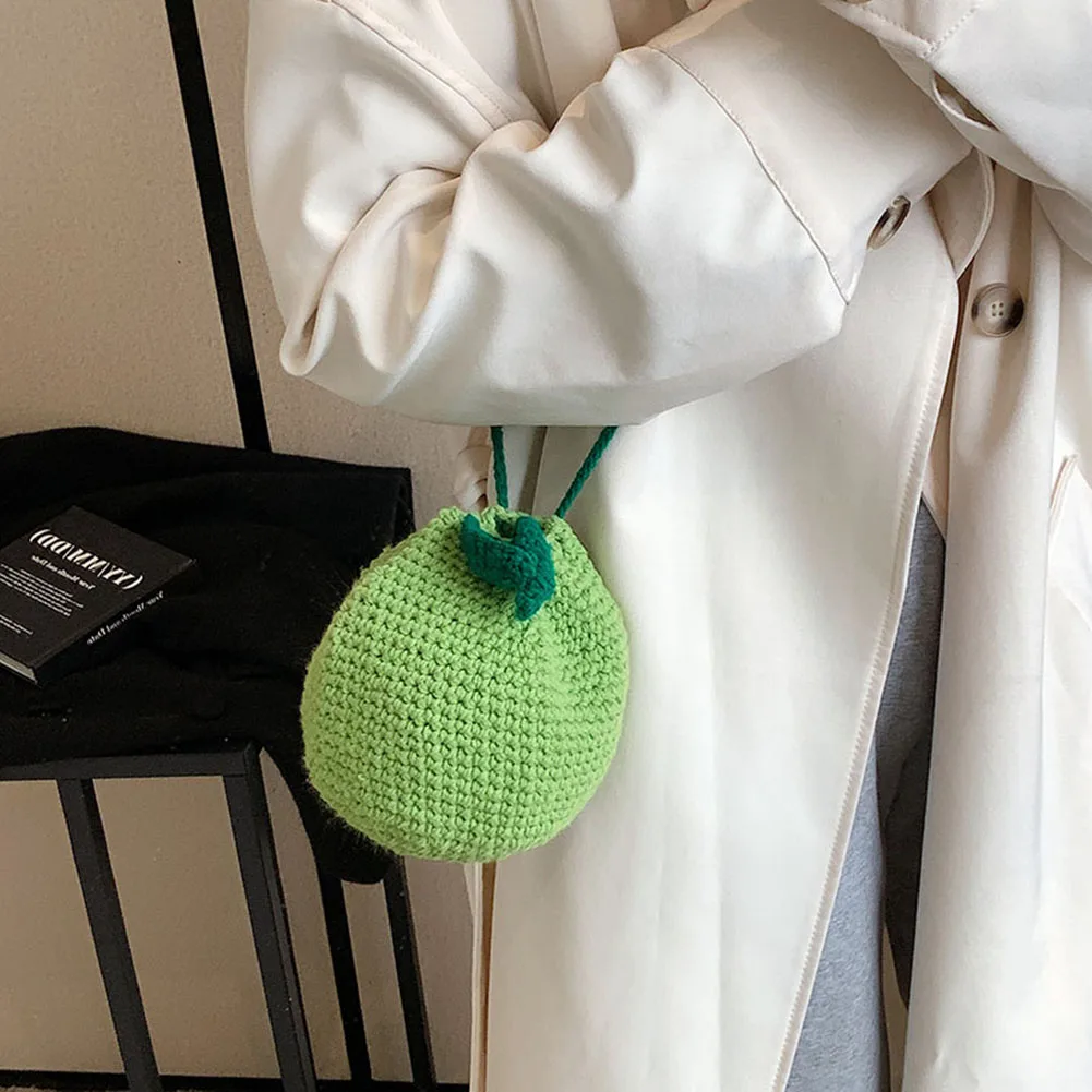 Female Crocheted Purse Drawstring Crossbody Bag Orange Shape Cute Fruit Pouch Charm Gift for Friends