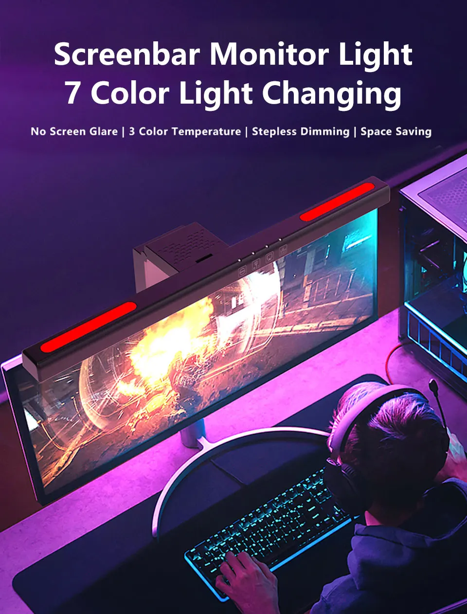LED monitor light bar mounted on curved screen monitor