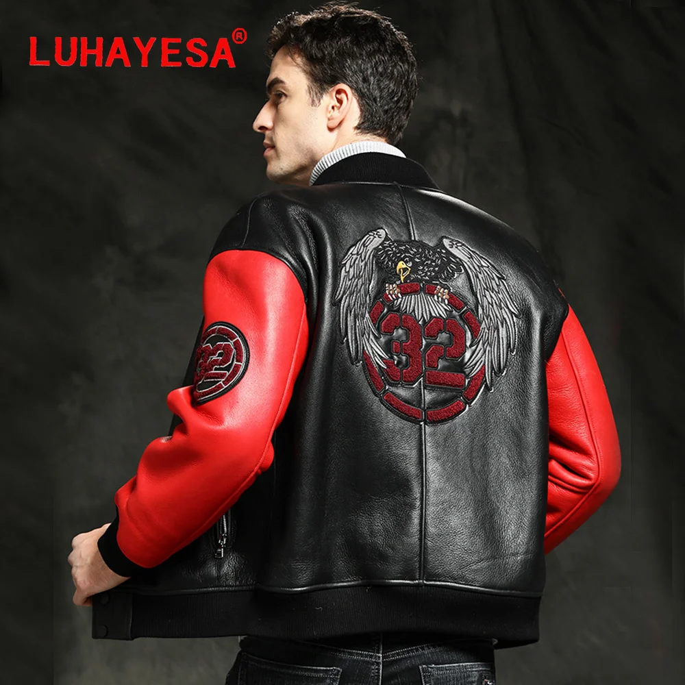 

2022 Baseball Style Real Fur Jacket Winter Warm Casual Sports Black Red Men Winter Natural Sheepskin Fur Shearling Clothes