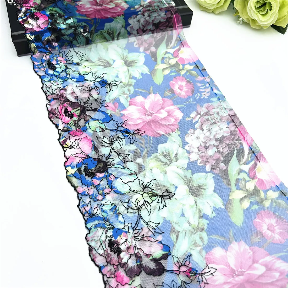 Width 8 1/4Inch 21cm Printed Floral Blue Embroidery Lace Trim Skirt Hem Underwear Sewing Material Craft DIY Apparel Fabric Lace 6