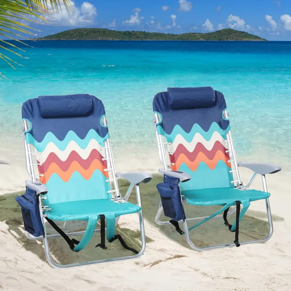 

Backpack Beach Chair Set of 2, 4-Position Classic Lay Flat, Pillow and Padded Shoulder Straps, Storage Pouch and Towel Bar