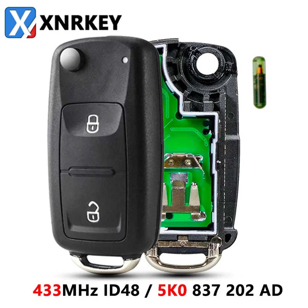 Chiave a distanza per auto a 2 pulsanti, per VW Volkswagen Transporter Amarok 5K0837202AD ID48 Chip 433MHZ/434MHZ con anello cacciavite