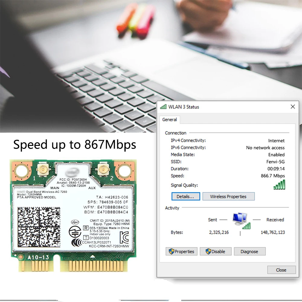 Scheda Di Rete Intel Dual Band Wireless-AC 7260HMW Mini PCI-E 867Mbps + BT 4.0