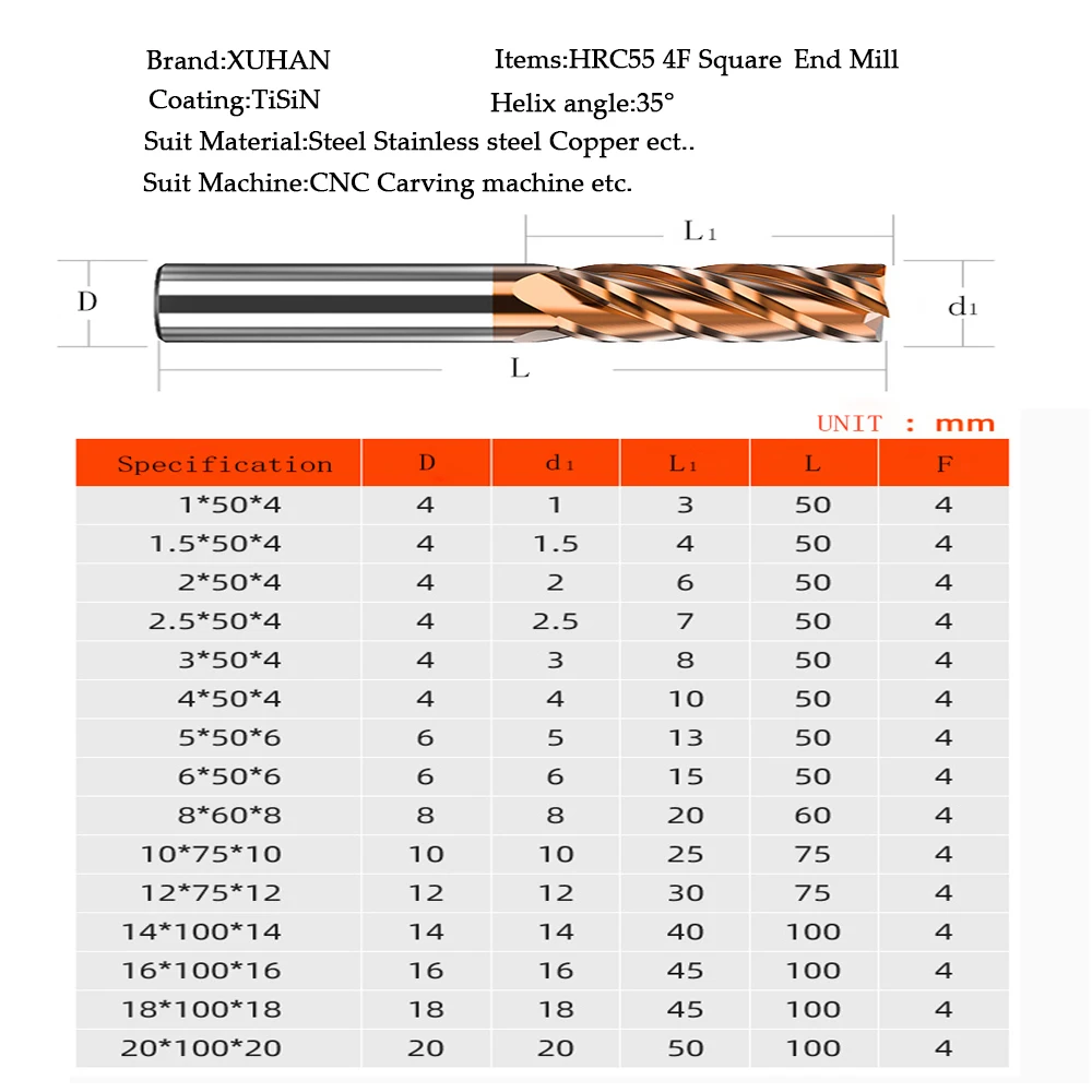 Carbide End Mill HRC55 Coated 4 Flutes 1 2 4 5 6 8 10 12mm for CNC Machining Cutting Tools