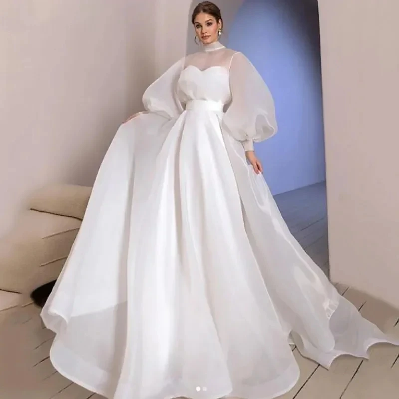 

EVON BRIDAL Simple Modest High Neck Long Sleeves Wedding Dresses for Women Floor Length Backless A Line Chiffon Prom Dresses
