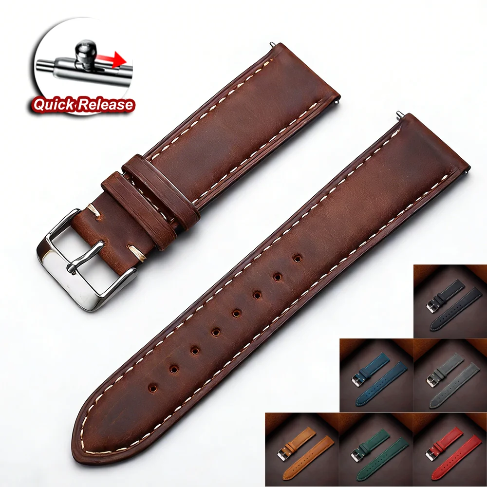 Vintage Dark Brown Cowhide Leather Quick Release Watch Strap