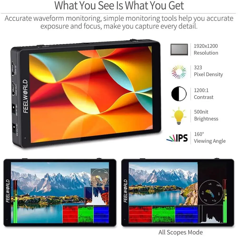 FEELWORLD F7 PRO 7&ldquo; 3D LUT Touch Screen 4K 60Hz HDMI DSLR Camera Field Director Monitor 1920x1200 IPS F970 External Power Kit