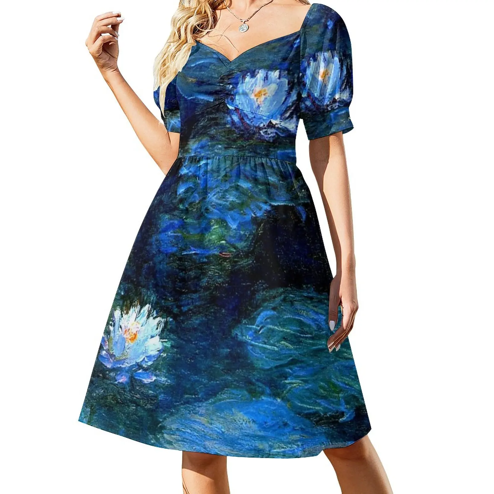 

Water Lilies Monet deep blue Sleeveless Dress purple dress Long veiled dresses Women's summer dress Women's skirt