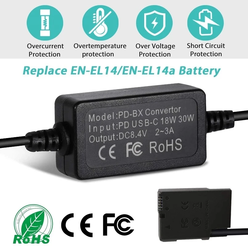 Explopur Adattatore Batteria Finta EN-EL14 Con Cavo USB-C Per Nikon D3100 D3200 D3300 D3400 D3500 D5100