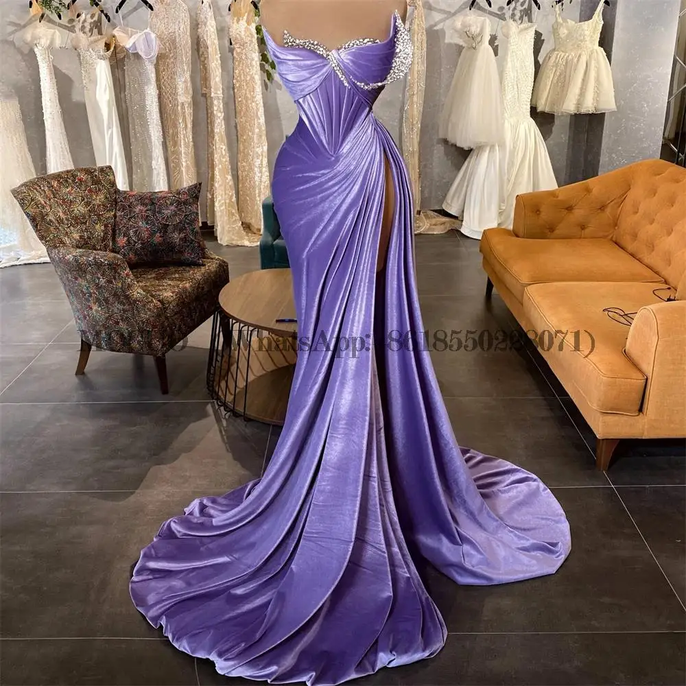 

Purple Mermaid Evening Dresses Side Slit Off Shoulder Beaded Pleated Formal Prom Dress Saudi Arabia Bride Party Gowns 2023