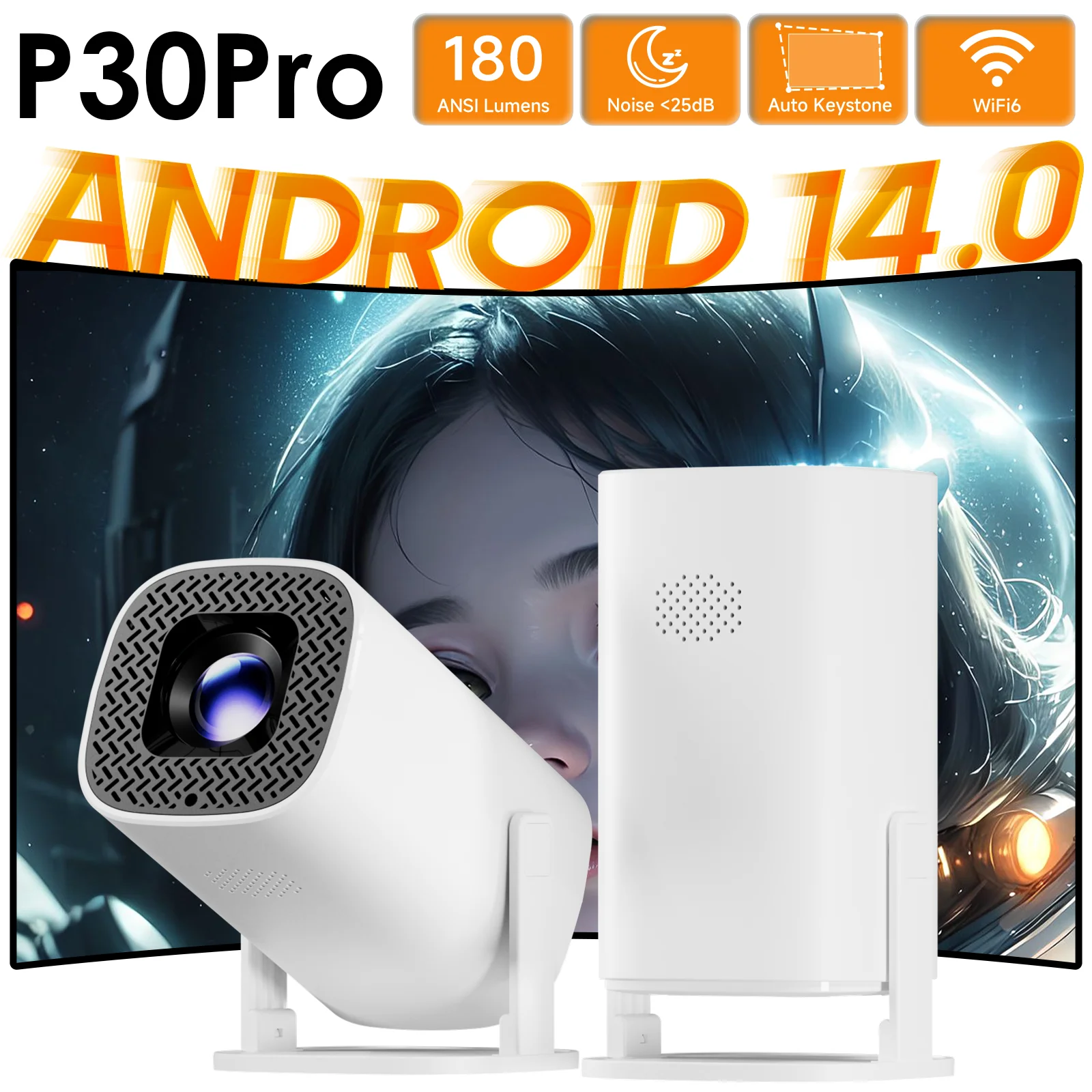 P30 PRO Smart Mini Projector with Android 14 - 720P Resolution, WiFi 6, Bluetooth 5.0, LED Light Source