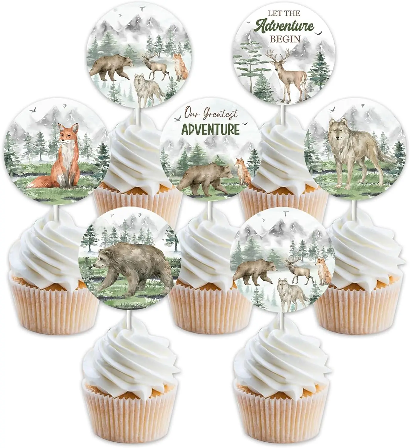 

Let the Adventure Begin Baby Shower Decor Woodland Creatures Cupcake Toppers Mountain Forest Jungle Safari Animal Cake Toppers