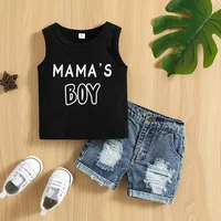 VISgogo Baby Boys Casual Clothes Set Letters Print Sleeveless Tank Top with Ripped Denim Shorts 2Piece Summer Outfit