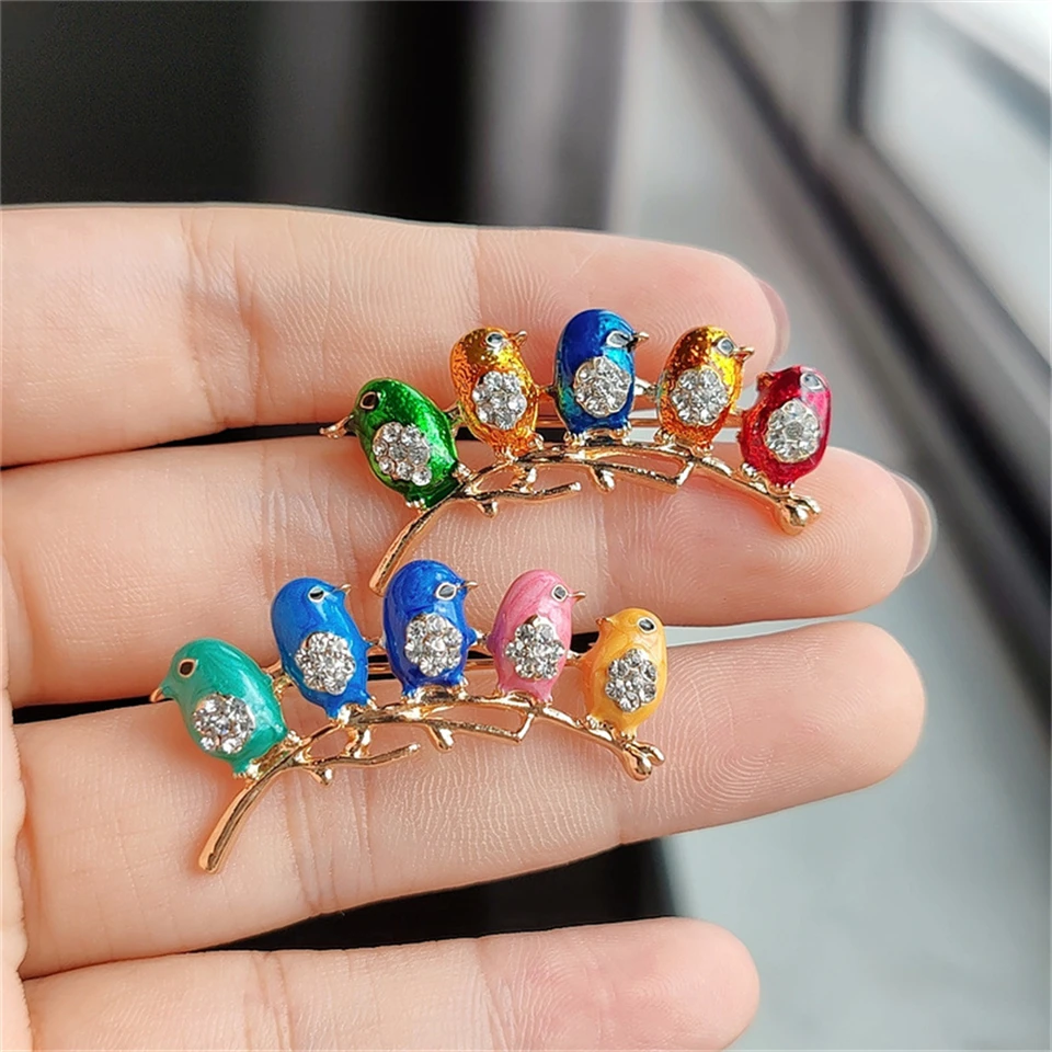 Colorful Enamel Five Birds Brooch With Rhinestones - Animal Collar Clip, Unisex - View #6