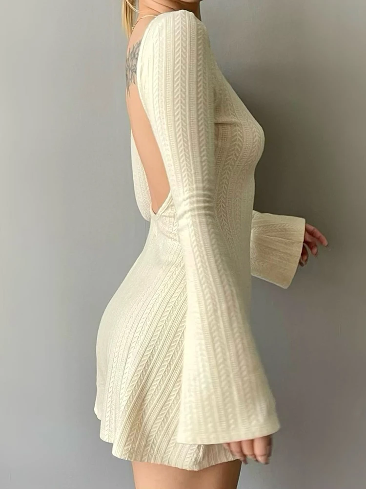 

MATTA Sleeve Bodycon Mini Dress Casual Solid High Quality Knitted Backless Dresses for Women Autumn Winter 2022 Elegant Long