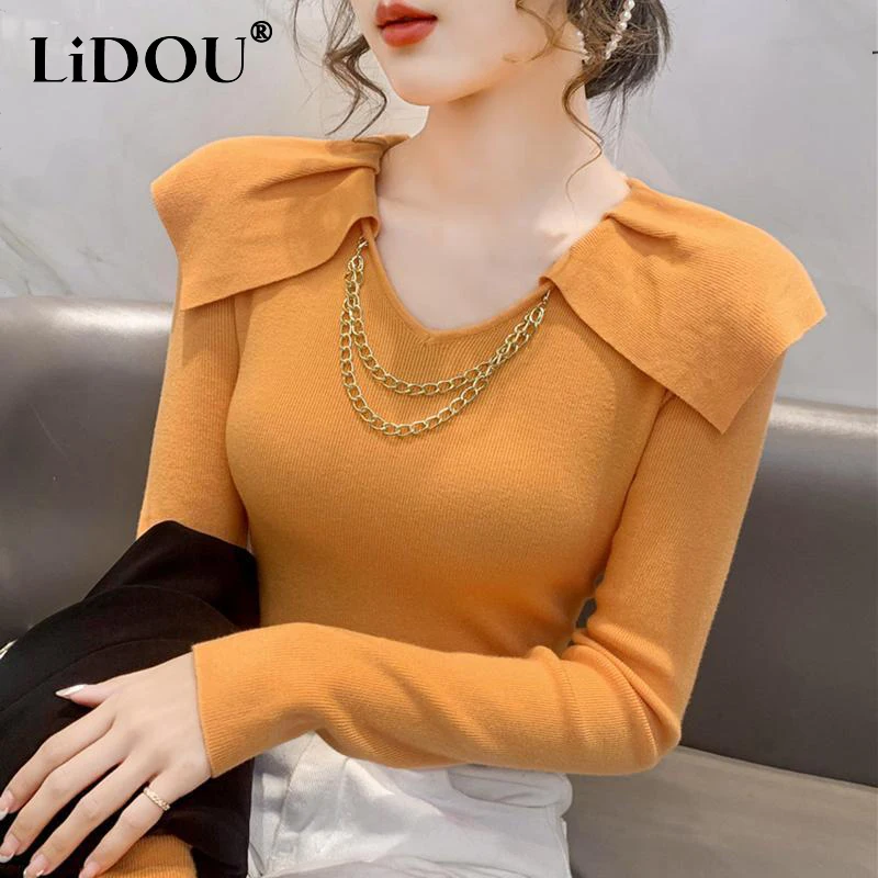 

autumn winter women's v-neck chic chain sweater ladies casual fashion slim bottoming knitting top female jumpers female clothes