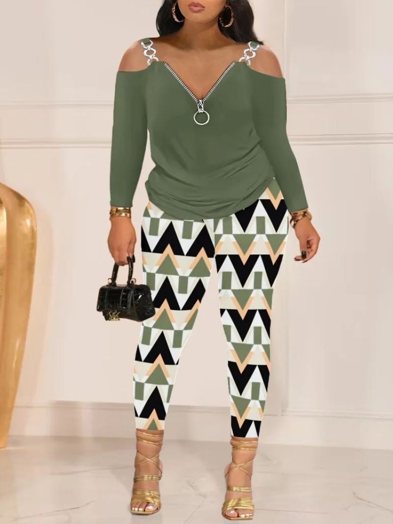 

Women Print Suit Long Sleeve V-neck Zipper Off Shoulder Metal Button Top Tight Pants Casual Office Two Piece Set Women's Clothes