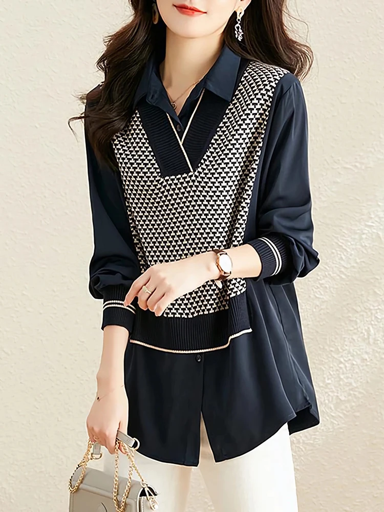 

Woman Fake Two Pieces 2023 Autumn Spring Knit Patchwork Shirts Ladies Elegant Fashion Pullover Blouse Women's Vintage Tops