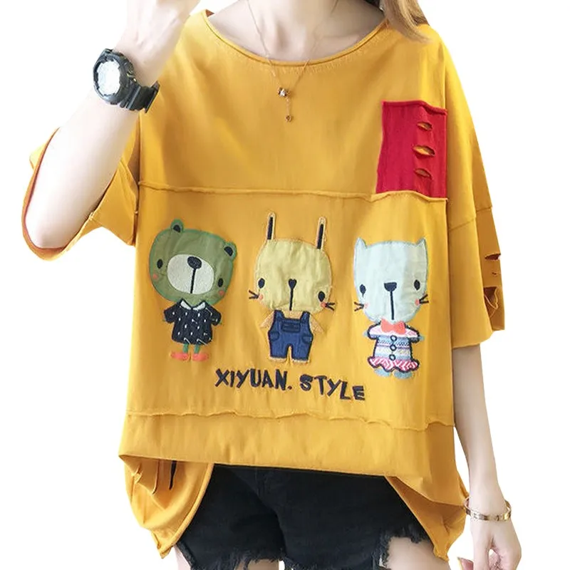 

Casual Fashion T Shirt Women Clothes Summer New Product Loose Tees Embroidery Cartoon Little Monster Harajuku Comic Tops Girl