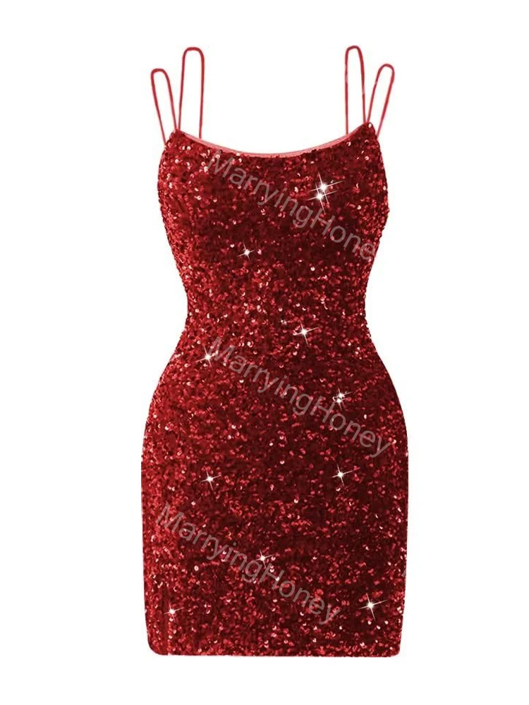 

Spaghetti Straps Sparkly Sequin Homecoming Dresses for Teens Short Mermaid Backless Prom Dresses for Women Mini Cocktail Dress