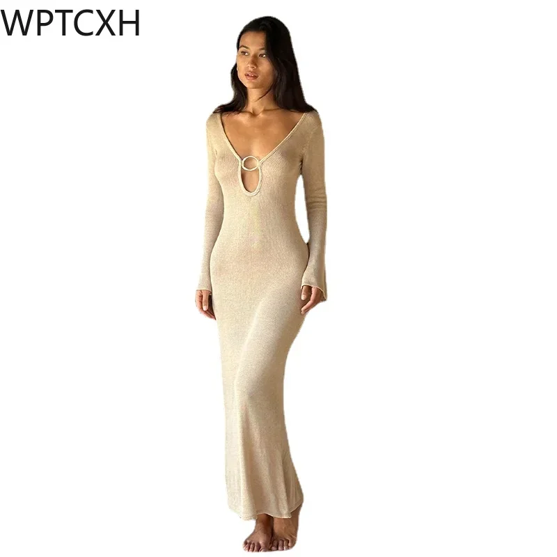 

2024 Female Flare Long Sleeve Cut Out Slim Beach Dress Women Elegant Hollow Out V Neck Knitted Maxi Dress Lady Vacation Vestidos