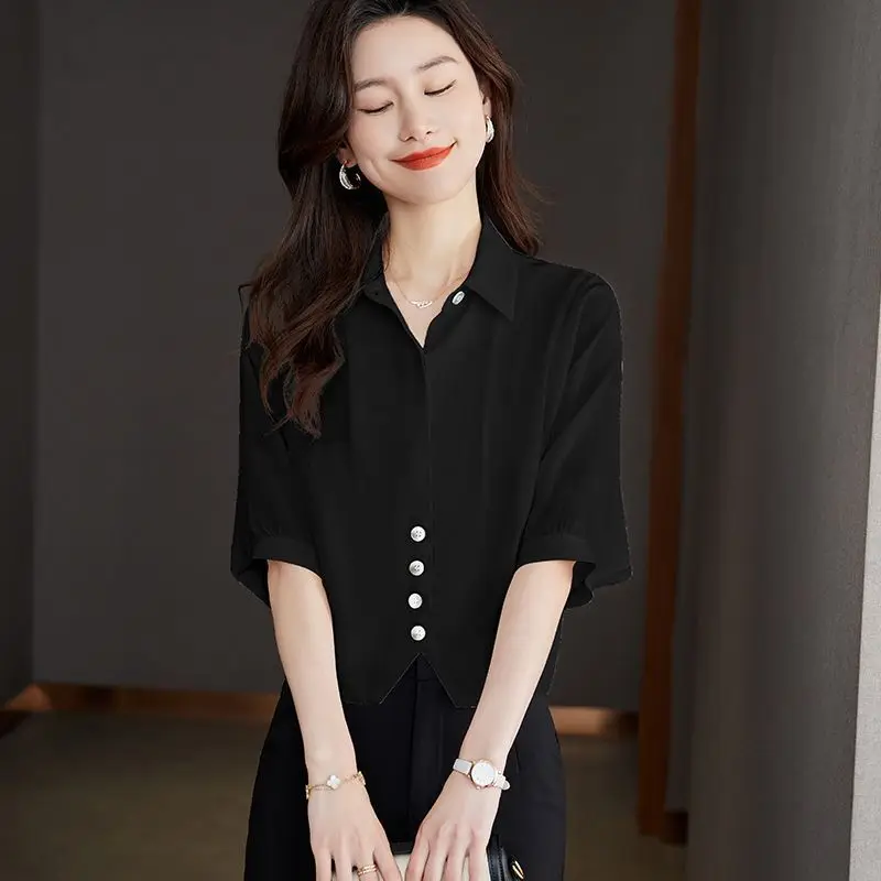 High End Bat Shirt Top Women's Shirt Loose Slim Covering Flesh Upscale Button Design Casual Polo Collar Solid Color Shirt