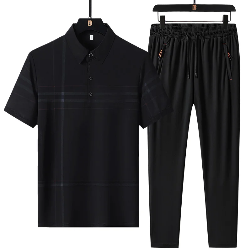 Simplicity Summer Ice Silk Men's POLO Collar Plaid Button Short Sleeve Tops Elastic Waist Drawstring Pocket Pants Motion Sets 4