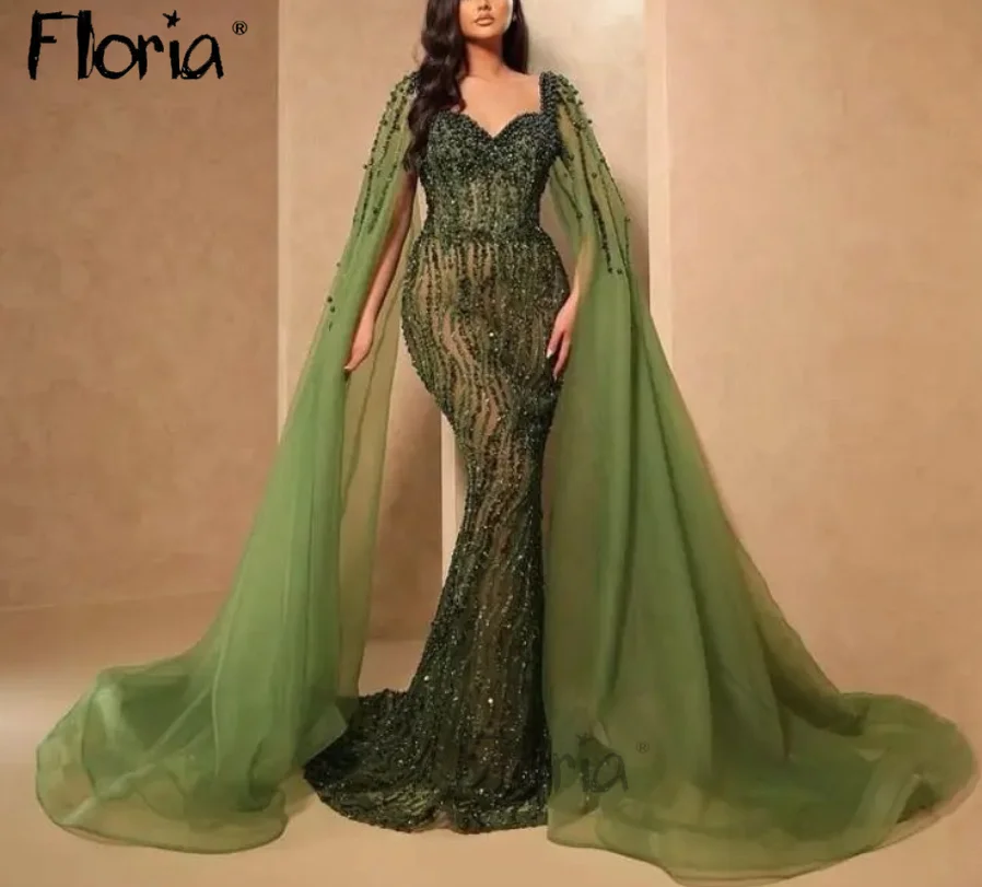 

Dark Green Sparkly Beading Evening Dress Square Neck Long Cape Sleeve Mermaid Wedding Party Gowns Arabic Formal Prom Gowns