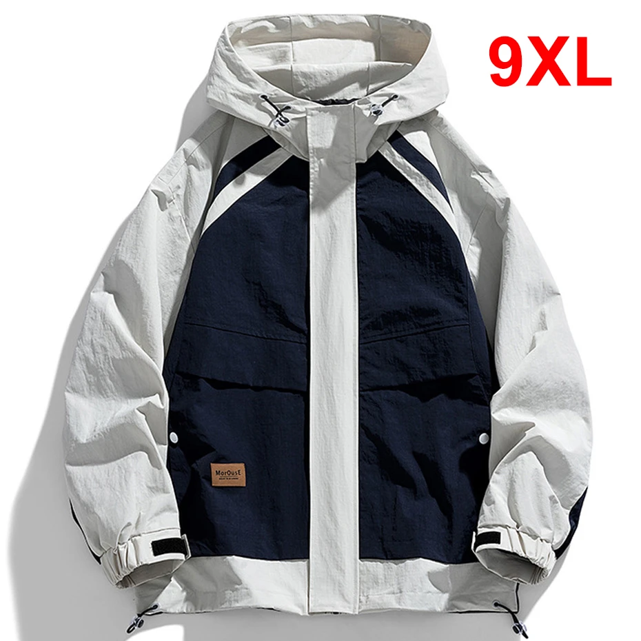 Plus Size 9XL Cargo Jacket Men Camping Jacket Spring Autumn Patchwork Windbreak Hooded Jackets Coats Fashion Outerwear Male