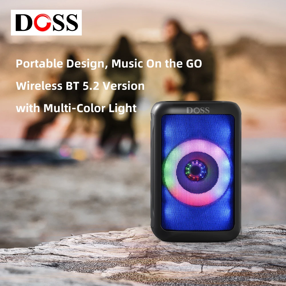DOSS Портативный беспроводной динамик , Bluetooth 5,2, уличный звуковой ящик для кемпинга, 10 Вт, HD-звук, многоцветный свет, 12 часов воспроизведения, динамики