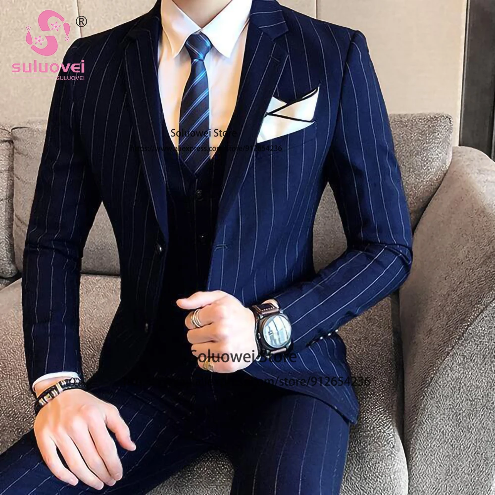 Fashion Wedding Striped Suits For Men Slim Fit 3 Piece Pants Set Formal Groom Dinner Prom Tuxedo Blazer Terno Masculino Completo