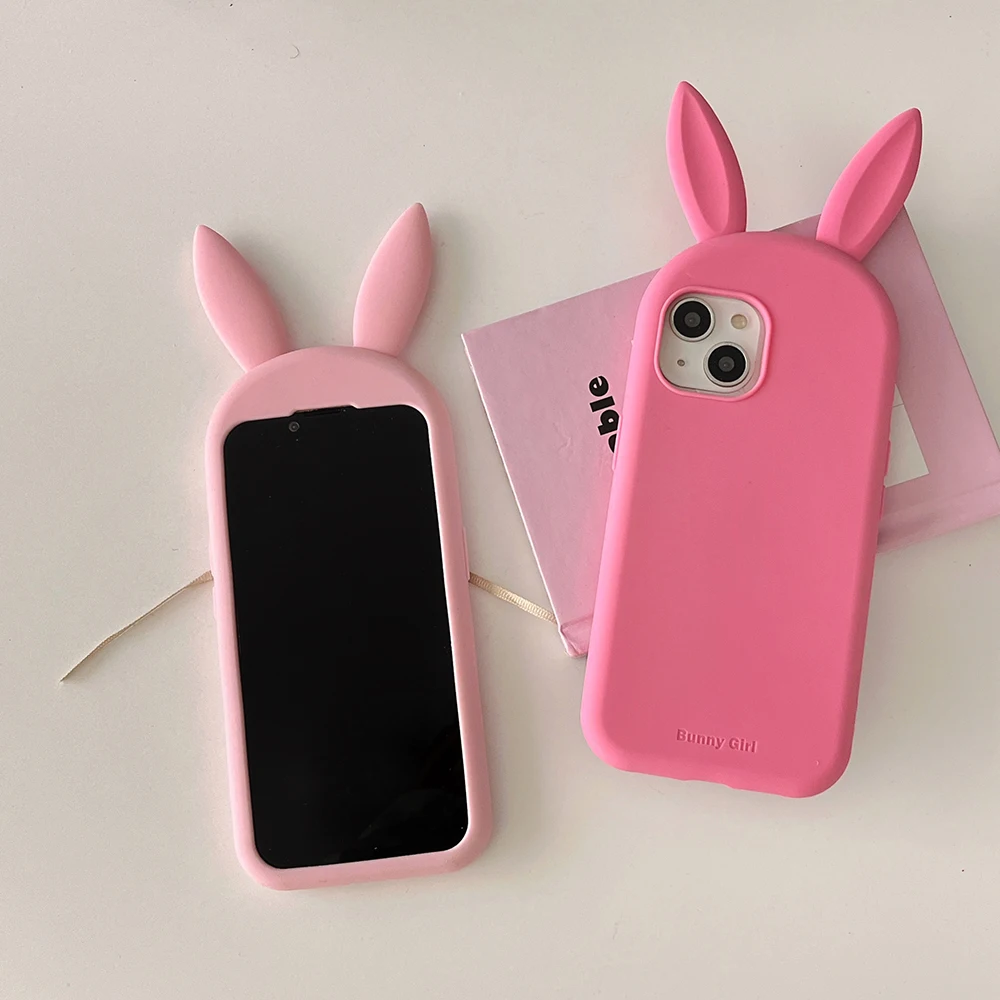 Cute 3D Cartoon Bunny Ear Phone Case - Funny Shockproof Soft Silicone Cover