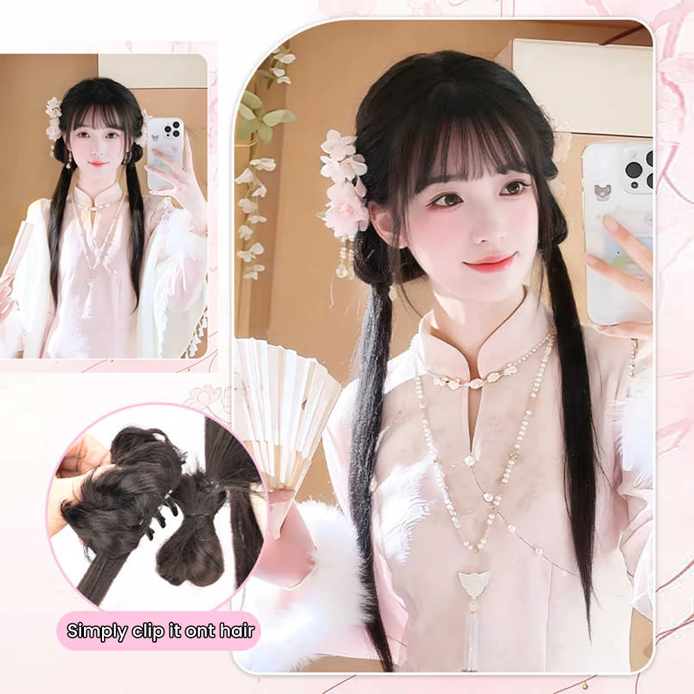 합성 신중국풍 클로 클립 메시 번 시뇽 롱 스트레이트 포니테일 자연스러운 풍성한 고대 스타일 한푸 포니테일 가발