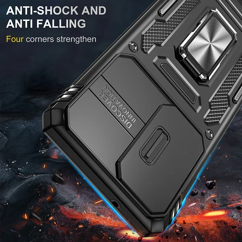 Armor Shockproof Phone Case with Sliding Window Lens Protection and Metal Ring Holder Back Cover