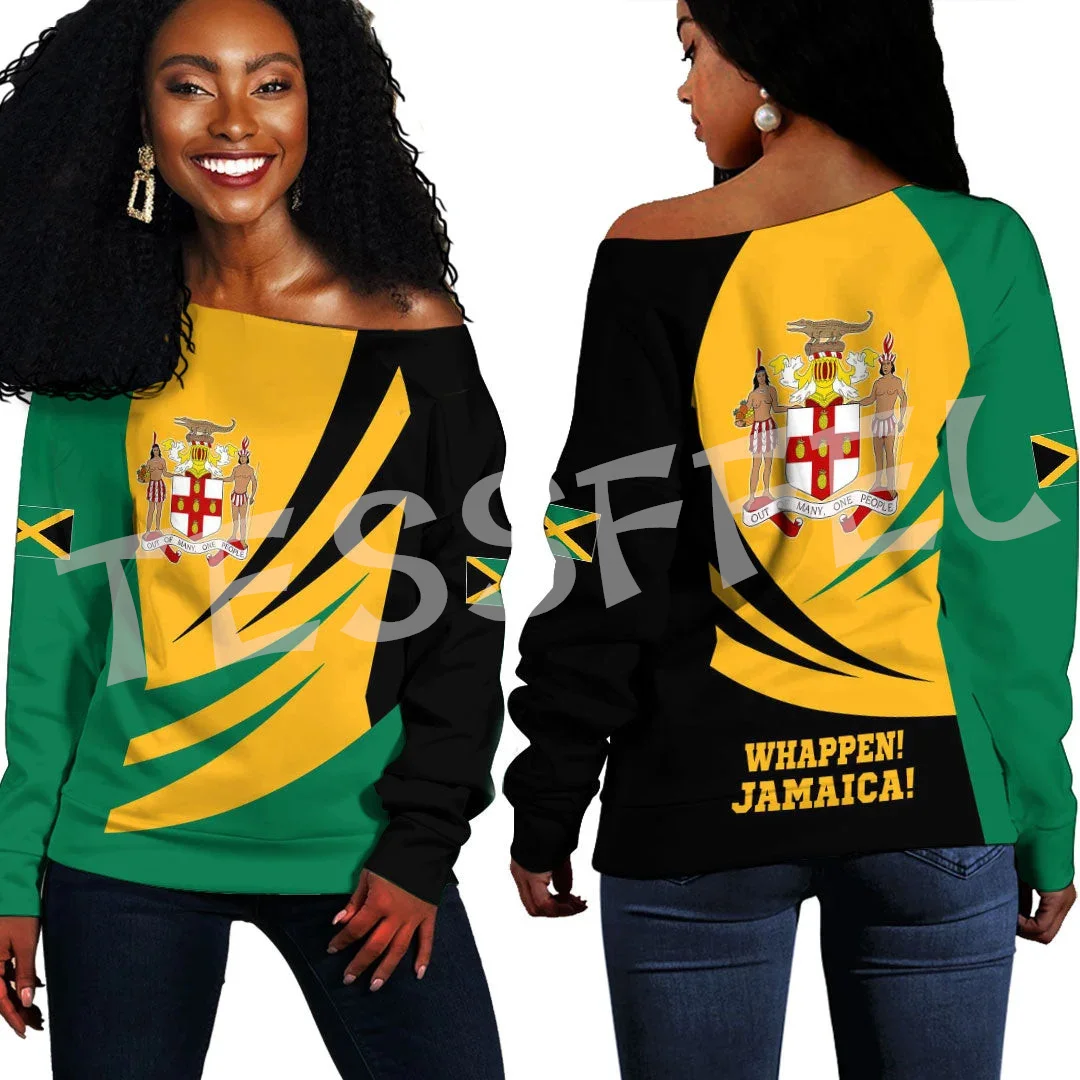 Reggae Jamaica Country Flag Lion Tattoo Tribe Retro Off Shoulder Sweatshirts Long Sleeves 3DPrint Harajuku Women Funny Casual X4