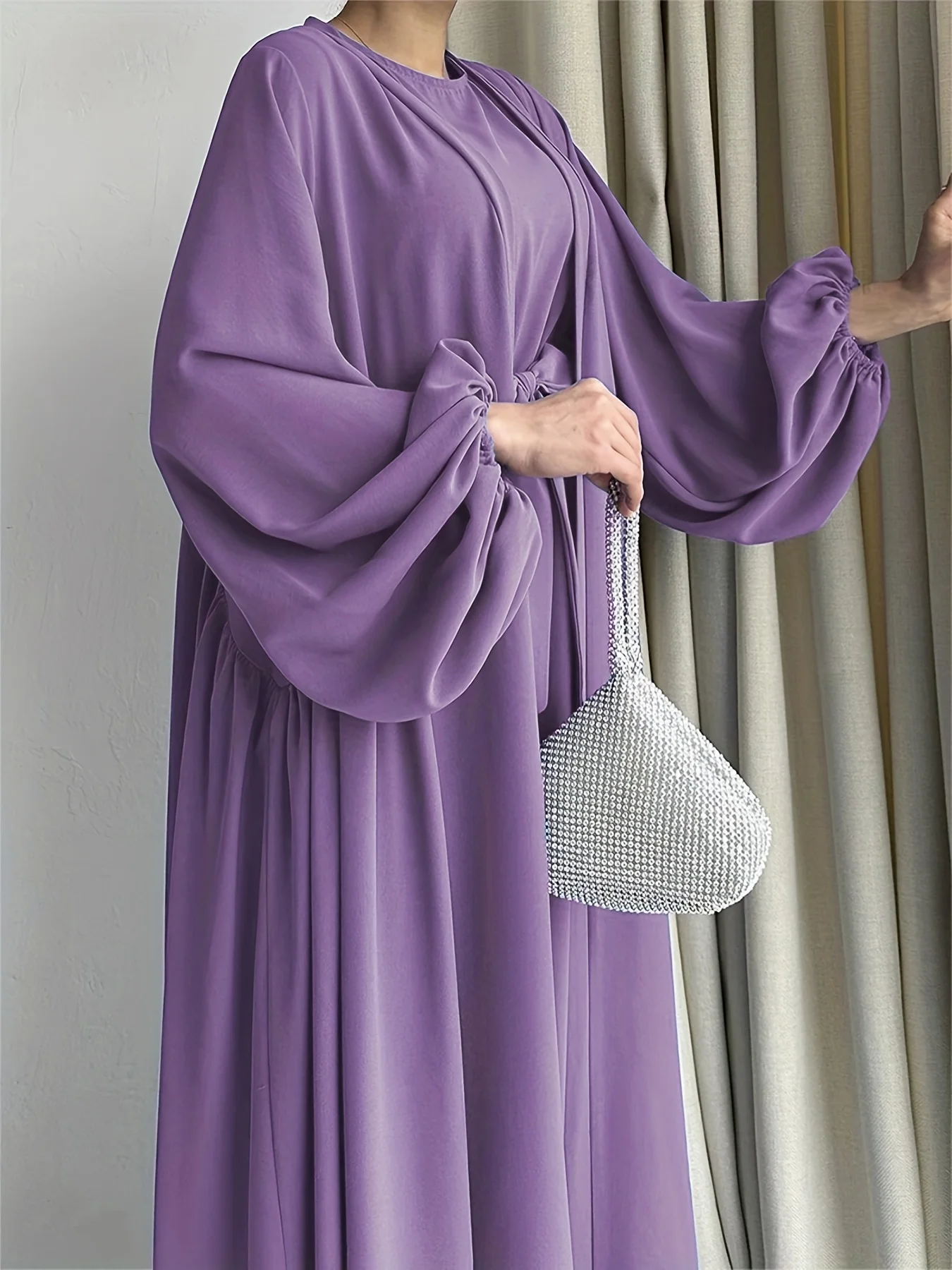 Scdbfe9aab53f438799e2320e16095e4cH kebaya Ramadan Elegant Solid Two-piece Set Dress, Open Front Coverup and Tie Waist Abayas Outfits, Islam Women's Clothing Mallzona