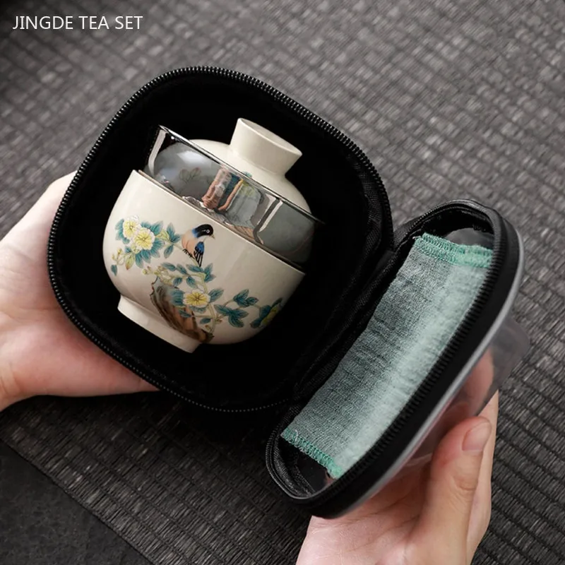 Hand-painted Travel Tea Set Home Car Outdoor Tea Infuser Portable One Pot Three Cups Ceramic Teaware Bring A Storage Bag