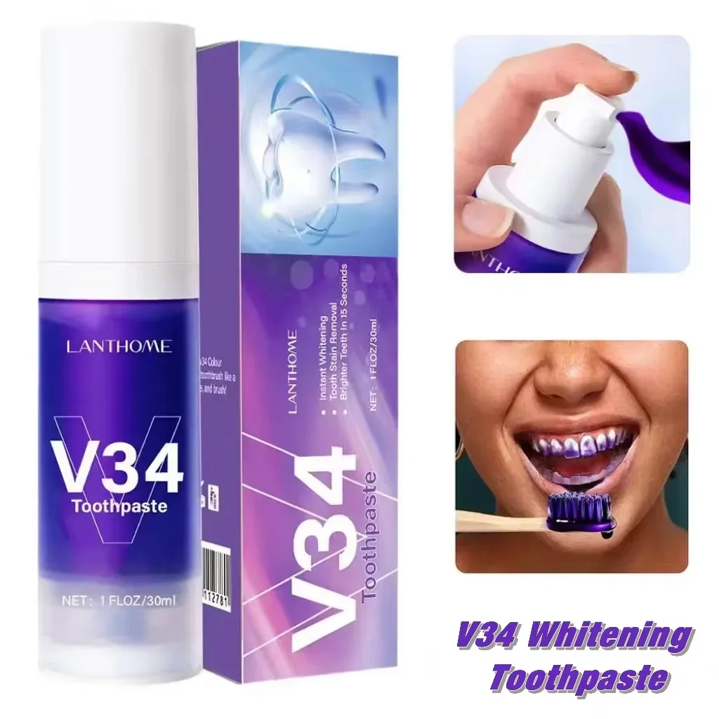 V34 Whitening Toothpaste Removal Plaque Stain Purple Corrector Teeth Enamel Care Easy Reduce Yellowing Oral Clean Care New teeth whitening product teeth whitening essence teeth health product