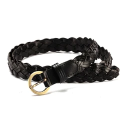 Women's Braided Leather Waist Belt with Gold Buckle - Elegant and Casual Thin Belt - About 106m (Black)