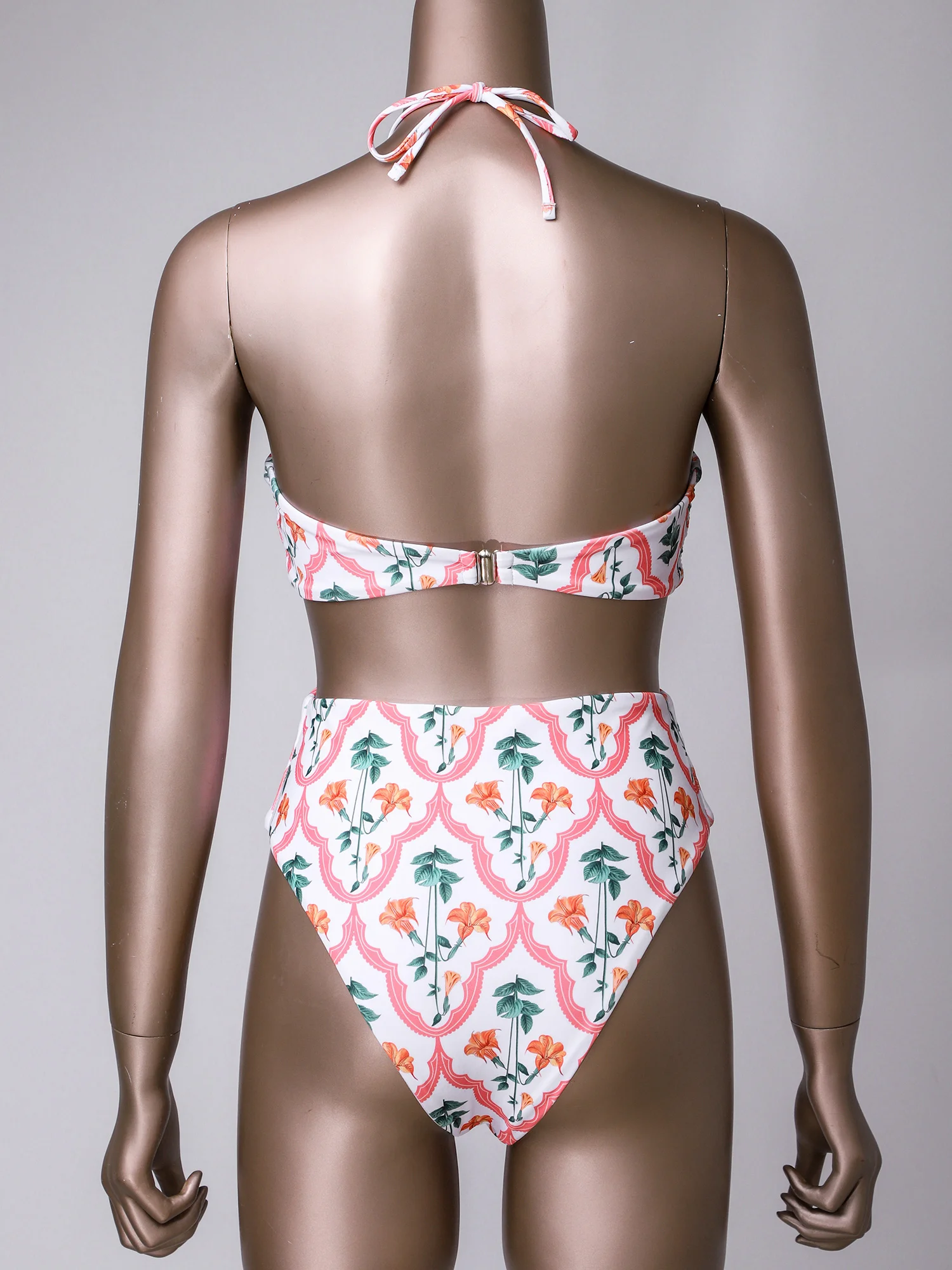 Women Lush Floral Print Swimwear One-piece Halter Neck Open Back Padded Bathing Bodysuit with Long Cover Up Tie Wrap Skirt